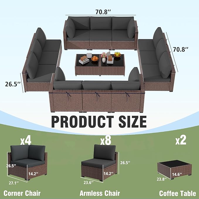 KIGOTY 14-Piece Patio Furniture Set, All-Weather PE Rattan Outdoor Sectional