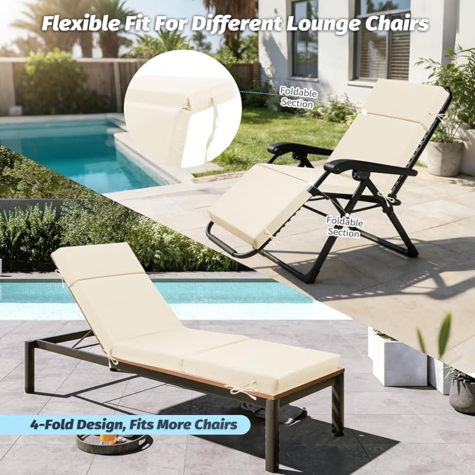 Outdoor Chaise Lounge Cushion 72" x 21" x 3", 4-Section Folding Patio Lounge