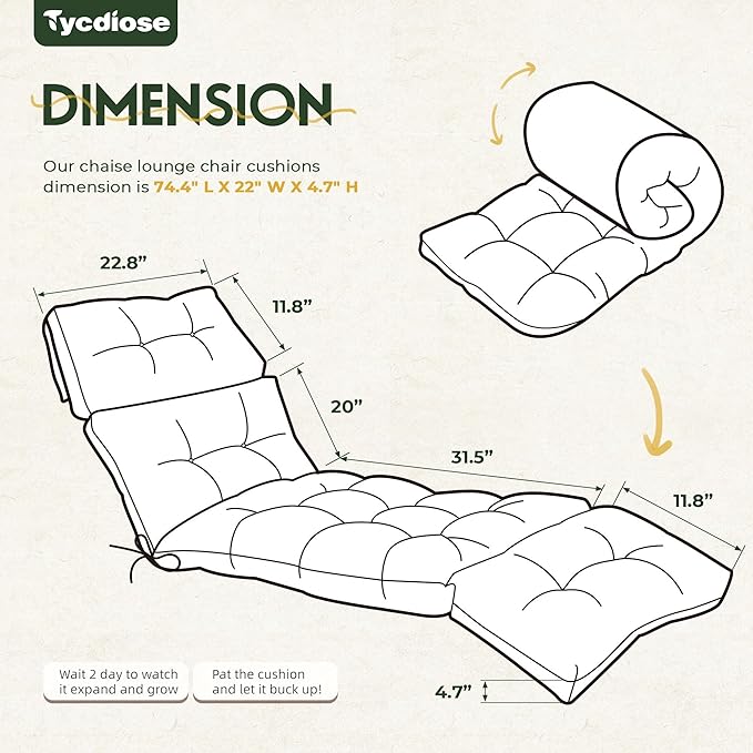Outdoor Chaise Lounge Chair Cushion Waterproof 74.4 x 22 x 4.7 Inches Memory