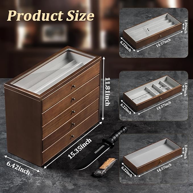 5-Tier Large Knife Display Case & Organizer, Wooden Pocket Knife Storage Box