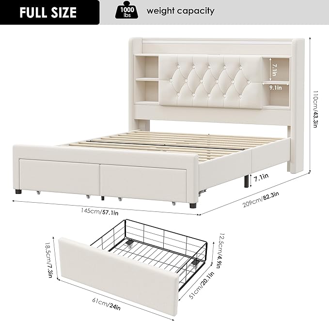 Full Bed Frame with Drawers, Hidden-Cubby & Shelves Storage Headboard with