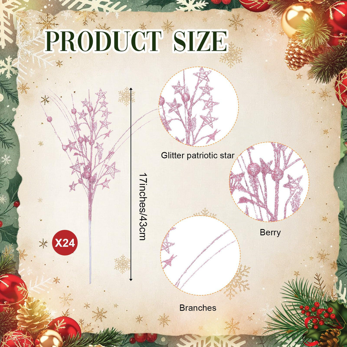 Simgoing 24 Pcs Artificial Christmas Berry Stem Picks Star Picks Faux Floral Berry Spray Branches Christmas Table Centerpiece Home Office Vase Filler Decoration (Pink)