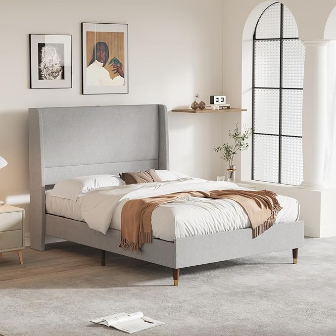 MALOL Full Size Bed Frame with Upholstered Headboard, Linen Fabric Platform Bed