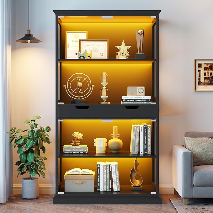 Jocoevol Display Cabinet with 4 Glass Doors, 4-Tier Modern Glass Display Case