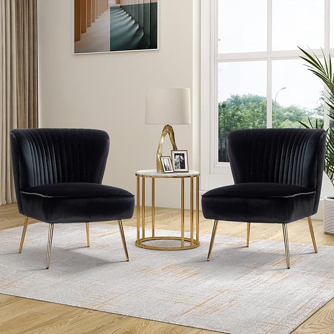 HULALA Home Velvet Accent Chair Set of 2, Modern Armless Upholstered Side Chair