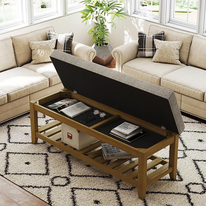 Befurtori Large Rectangular Upholstered Ottoman Bench, Linen Tufted Footrest