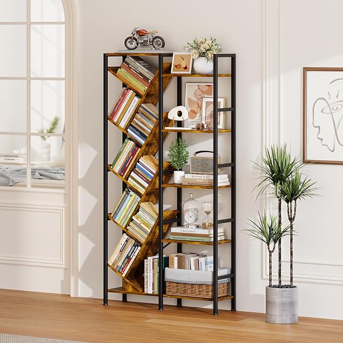 5-Tier Double Wide Bookshelf 67", Industrial Tree BookShelves, Vintage Storage