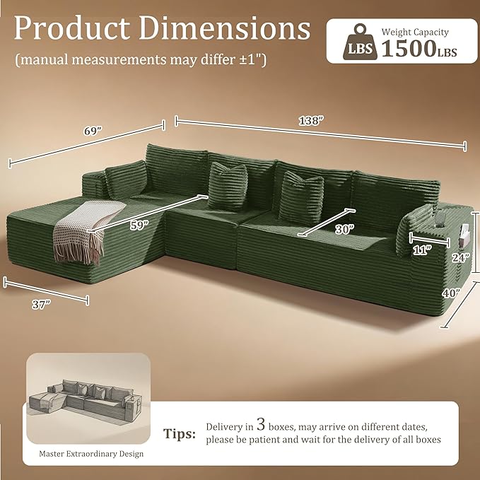 138" Cloud Sectional Couch, Comfort L Shaped Boneless Couch