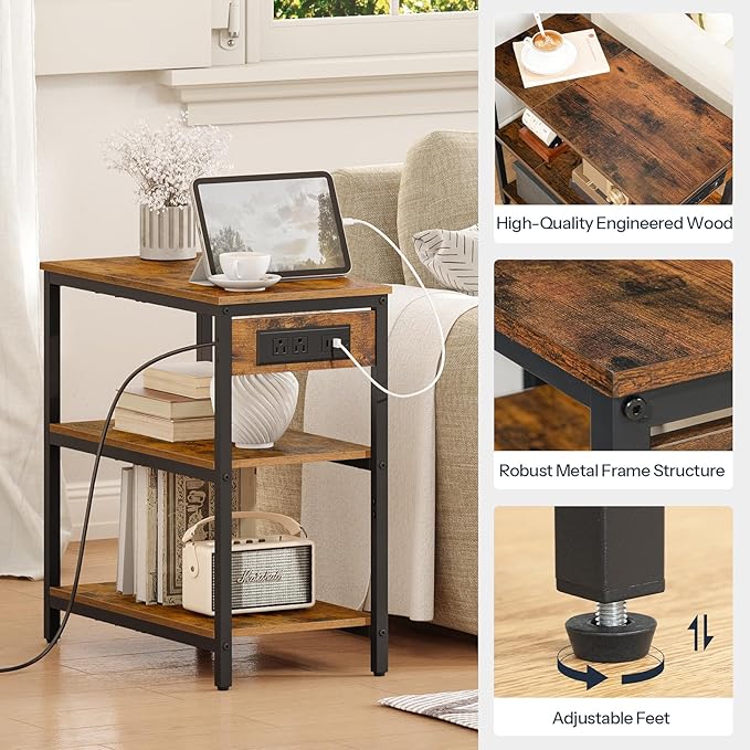 HOOBRO End Table with Charging Station, Simple Rustic Side Table with 3-Tier
