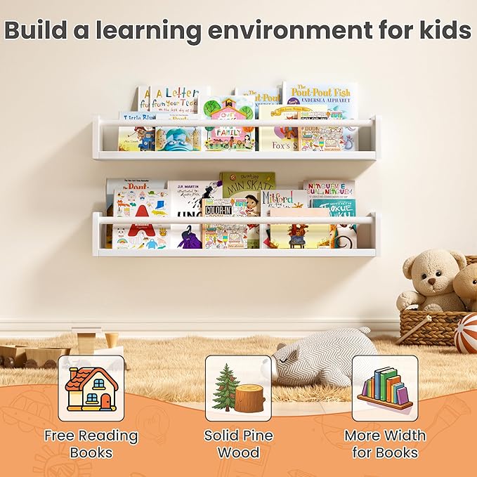 upsimples 2 Pack Nursery Book Shelves, 23.6 Inch Floating Bookshelves