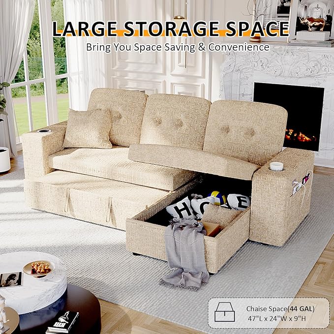 90 Inch Modular Sectional Sleeper Sofa Bed, 4 in 1 Pull Out Couch Bed