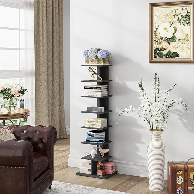TUTOTAK Narrow Bookshelf, 8-Tier Bookcase, Spine Book Shelf