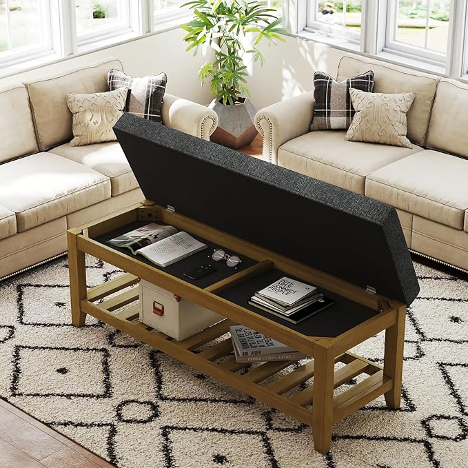 Befurtori Large Rectangular Upholstered Ottoman Bench, Linen Tufted Footrest