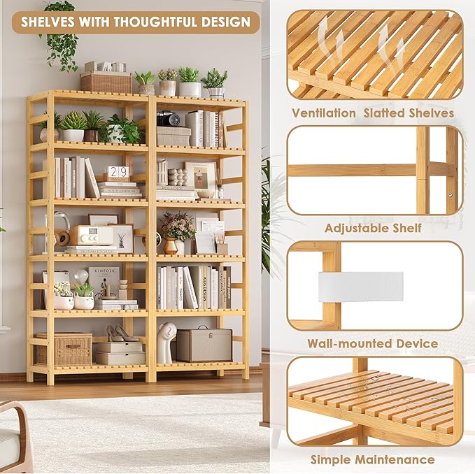 FOTOSOK 6-Tier Bamboo Shelf, Bamboo Bookcase