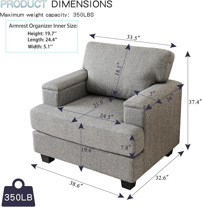 Oversized Accent Chair with Armrest Organizer, Comfy Living Room Chairs with