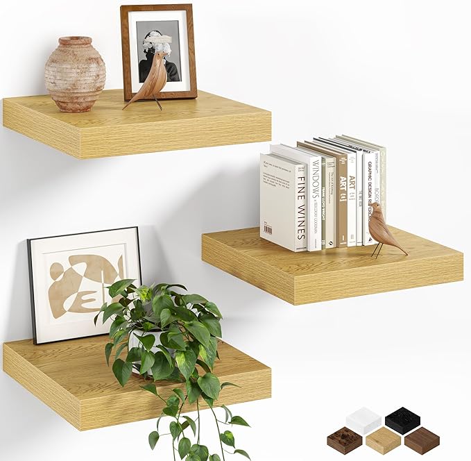 Fun Memories Floating Shelves for Wall, 12 Inch Set of 3 Rustic Wood Wall