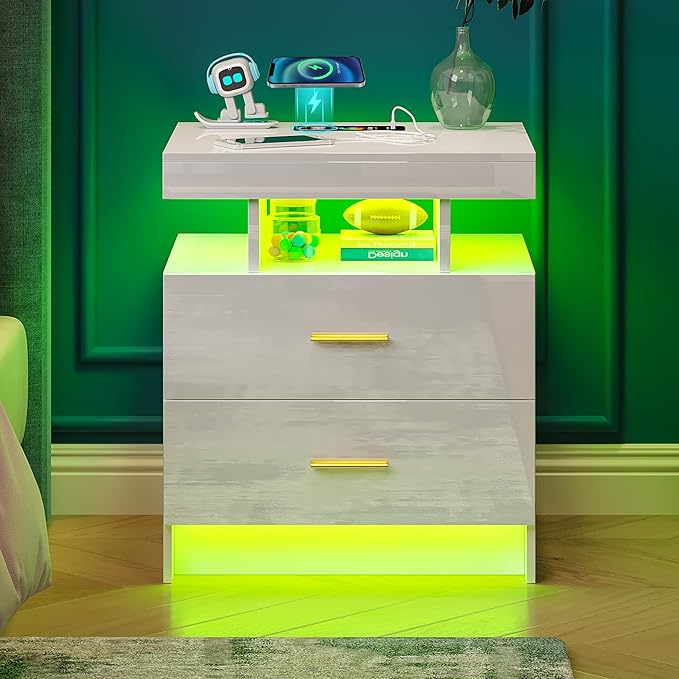 WOOVIVS Night Stand Set 2 with USB/Type-C/Wireless Charging Station, Modern