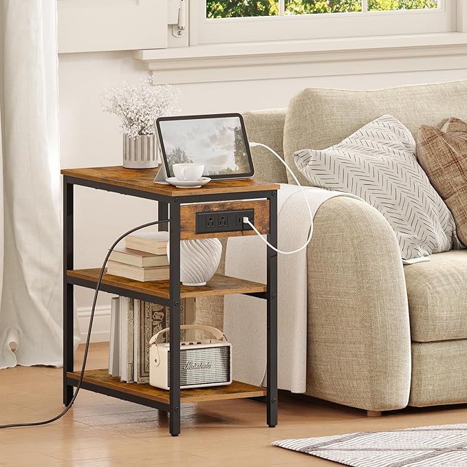 HOOBRO End Table with Charging Station, Simple Rustic Side Table with 3-Tier