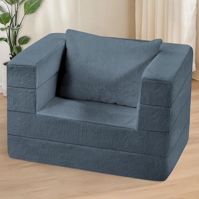 Folding Bean Bag Chair for Adults, 3-in-1 Bean Bag Couch Faux Fur Floor Sofa