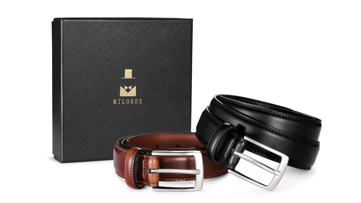 MILORDE Men's Leather Dress Belt 2Pack, Handmade, 100% Cow Leather, Fashion & Classic Designs for Work Business and Casual (2pack-Black101/Brown103,36)