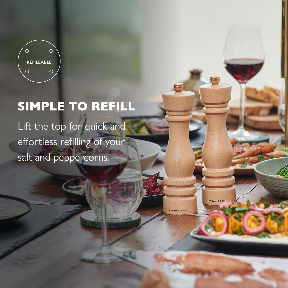 Cole & Mason London Refillable Spice Mill - Kitchen & Home Accessory - Salt and Pepper Grinder Set with Ceramic and Carbon Steel Mechanism - 7", Natural Beech
