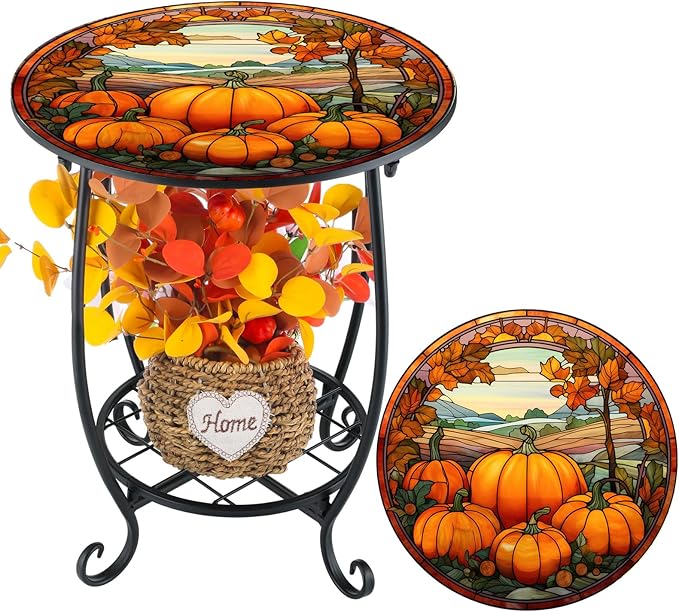 Cinnvoice Outdoor Side Table Round Small Mosaic Patio Accent Indoor End Plant