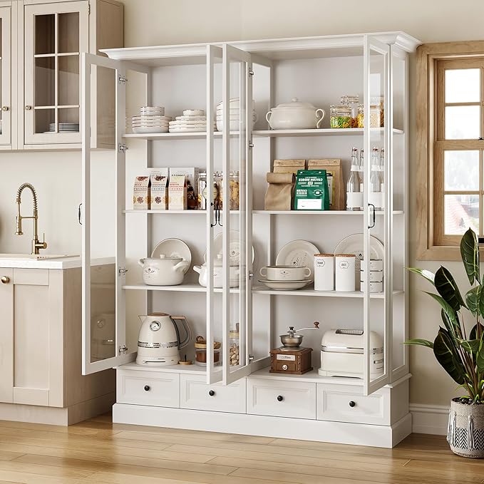 78" Large Storage Cabinet with Glass Doors, China Hutch, Farmhouse Kitchen