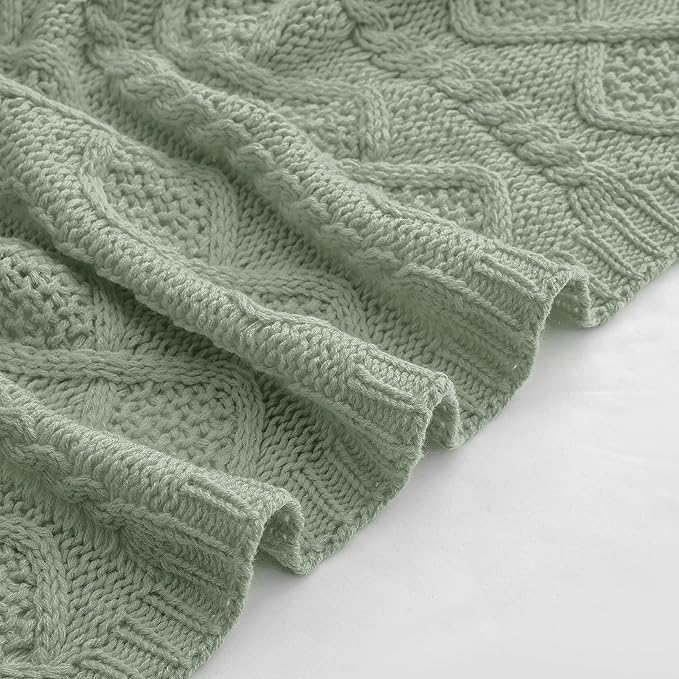 Homiest Cable Knit Throw Blanket and Pillow Set, Sage Green Set of 3, Knitted