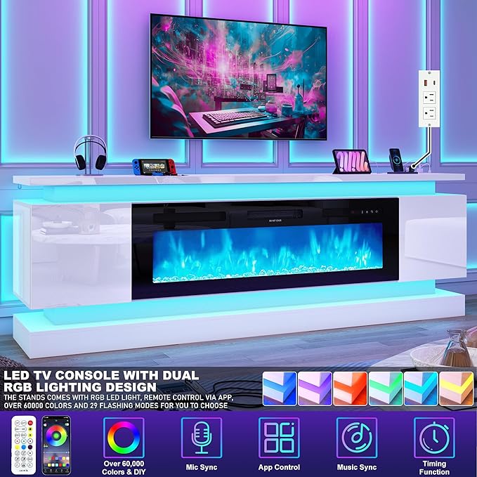 chartustriable 81IN LED TV Stands w/50 inch Fireplace Power Outlet