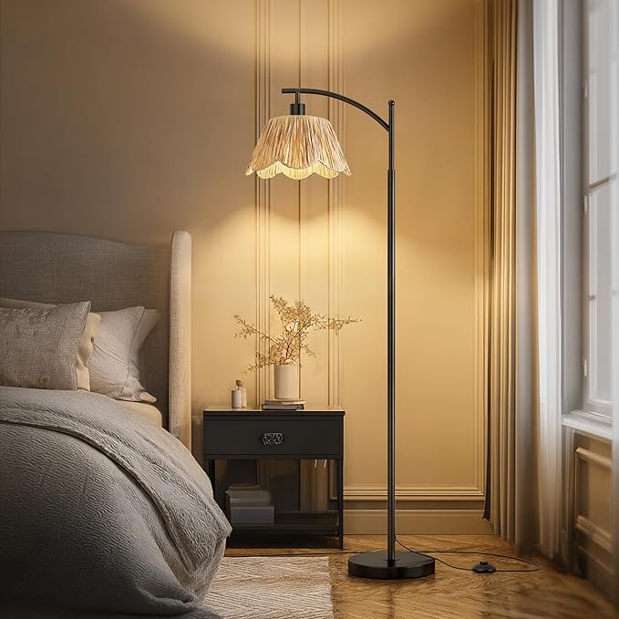 Oneach Boho Rattan Floor Lamp for Living Room, Farmhouse Standing Lamp