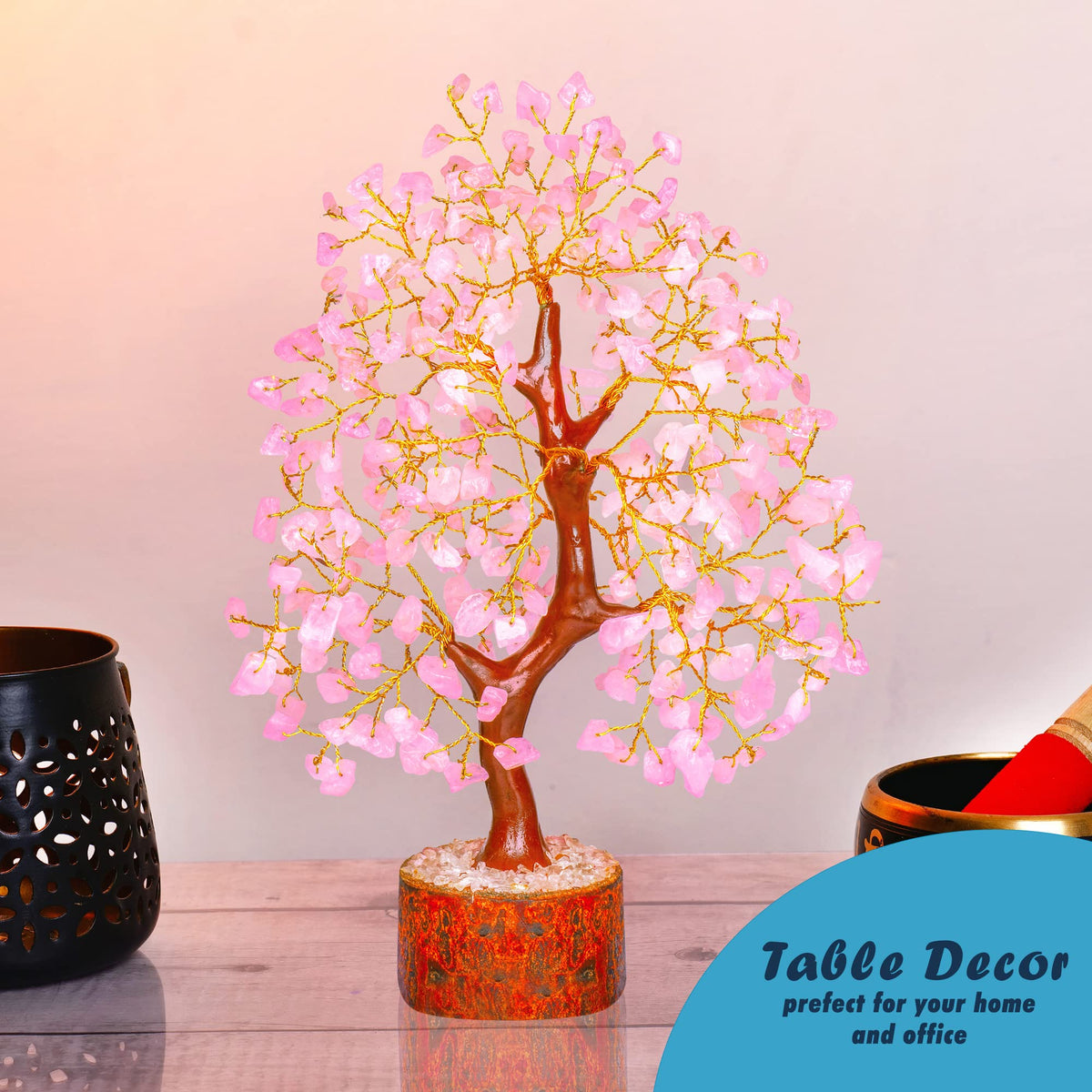 Rose Quartz Feng Shui Crystal Tree - Pink Spiritual Decor - Gemstone Bonsai Tree - Positive Energy Pink Desk Accessory