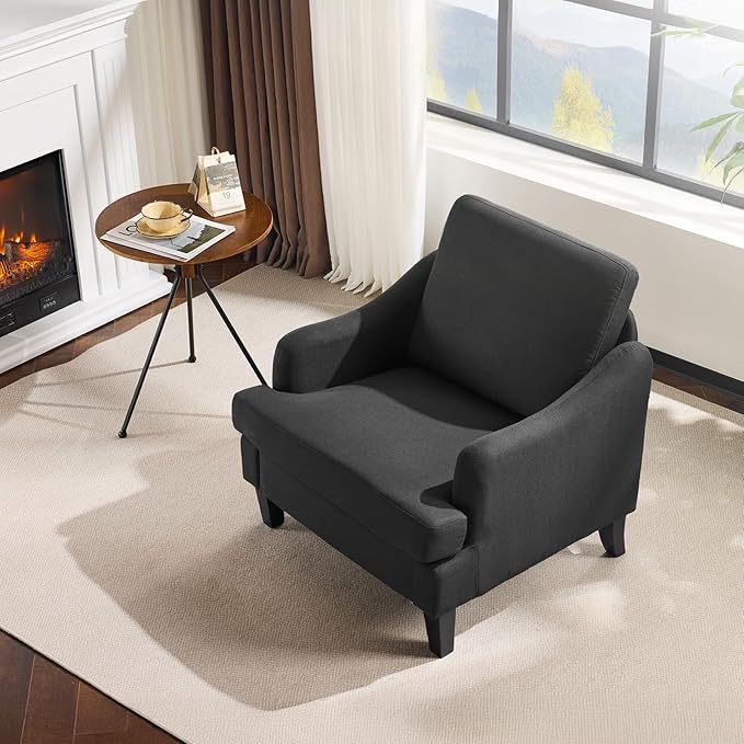 VINGLI Linen Fabric Accent Chair Black, Modern Upholstered Armchair, Comfy Sofa