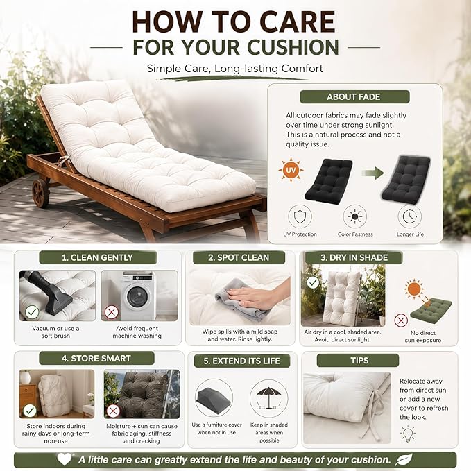 Outdoor Chaise Lounge Cushion, Waterproof 74.4x22x4.7 Inch Thick Cotton Filled