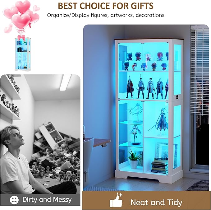 71” Display Cabinet with Glass Doors, Modern Curio Cabinet with 3 Color Lights