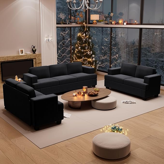 3 Pieces Corduroy Couch Set for Living Room, 7 Seats Cloud Sofa, Deep Seat