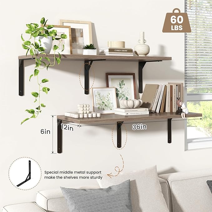 Fun Memories Floating Shelves for Wall, 12 Inch Deep Floating Shelves Set of 2