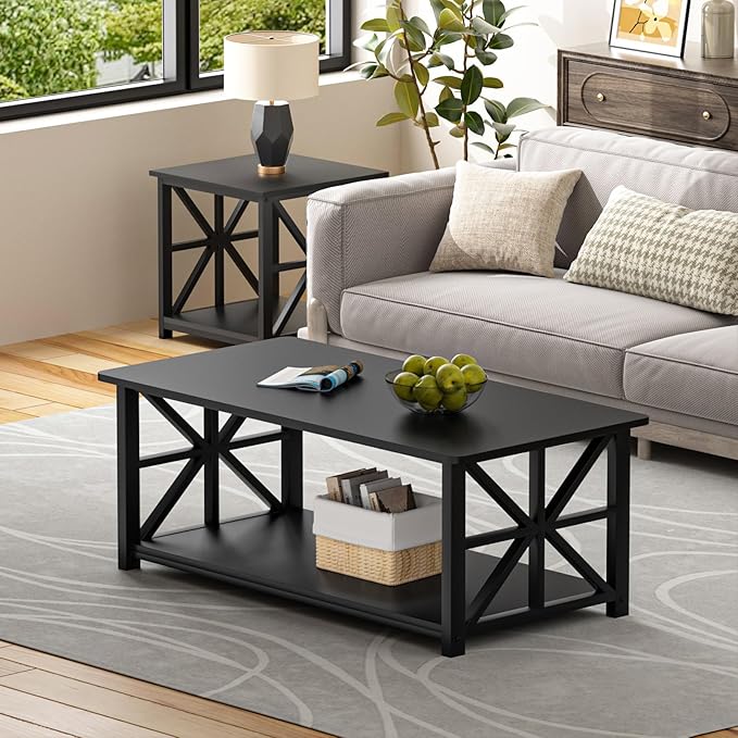 GreenForest Coffee Table with Round Corner, Farmhouse Center Table with 2-Tier