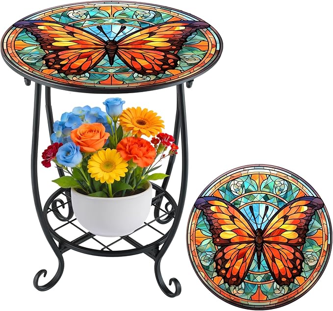 Cinnvoice Outdoor Side Table Round Small Mosaic Patio Accent Indoor End Plant