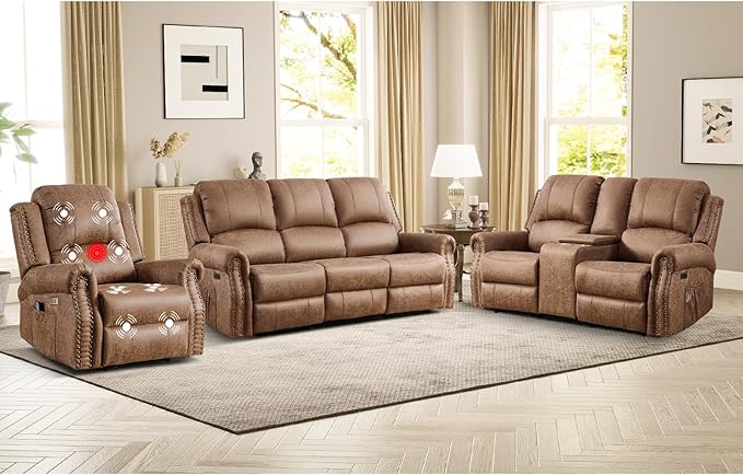 EBELLO Faux Leather Power Recliner Sofa Furniture Set, Included Electric