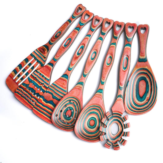 Gudamaye Pakkawood 7-Piece Wooden Cooking Utensils, Wooden Spoons for cooking, Wooden Utensil set, Pinkish-Orange Pakkawood Cooking Spoons, Non-Stick Spoon, Pakkawood kitchen utensils