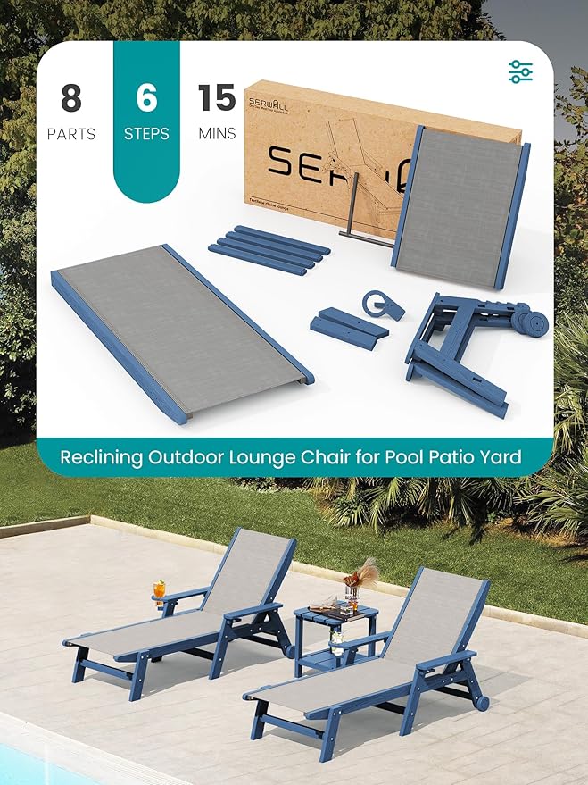 SERWALL Textilene Patio Chaise Lounge Chair Set of 2, 5 Positions Outdoor