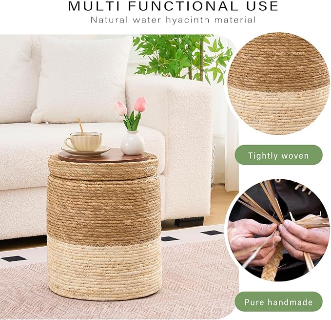 Wimarsbon Round Pouf Ottomans, Handwoven Natural Water Hyacinth Seagrass Pouffe