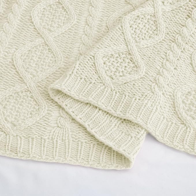 Homiest Cable Knit Throw Blanket & Pillow Set, Cream White Set of 3, Knitted