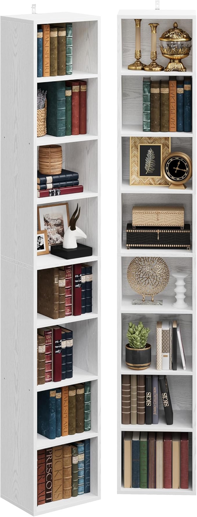 IRONCK Tall Narrow Bookshelf 8 Tiers 71in Set of 2, Compact Corner Bookcase
