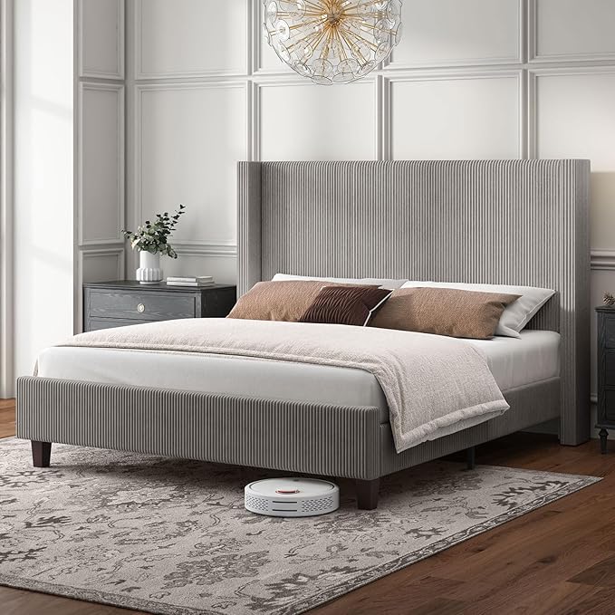 HOWE Queen Size Bed Frame with 50.8" Tall Wingback Headboard, Modern Corduroy