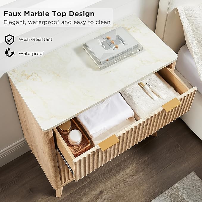 T4TREAM Fluted 3 Drawers Nightstand, Oversized Extra Large Modern Side Table