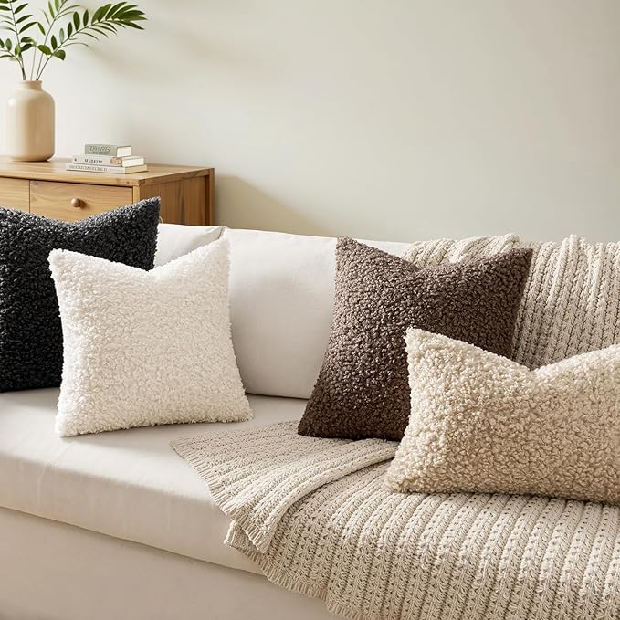 Faux Fur Throw Pillow Covers 18x18 Inch Set of 2 Boucle Neutral Decorative