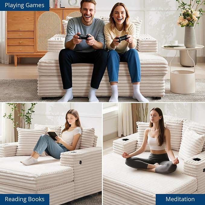 IDEALHOUSE 60" Oversized Chaise Lounge Chair Indoor, Comfy Corduroy Lounge Sofa