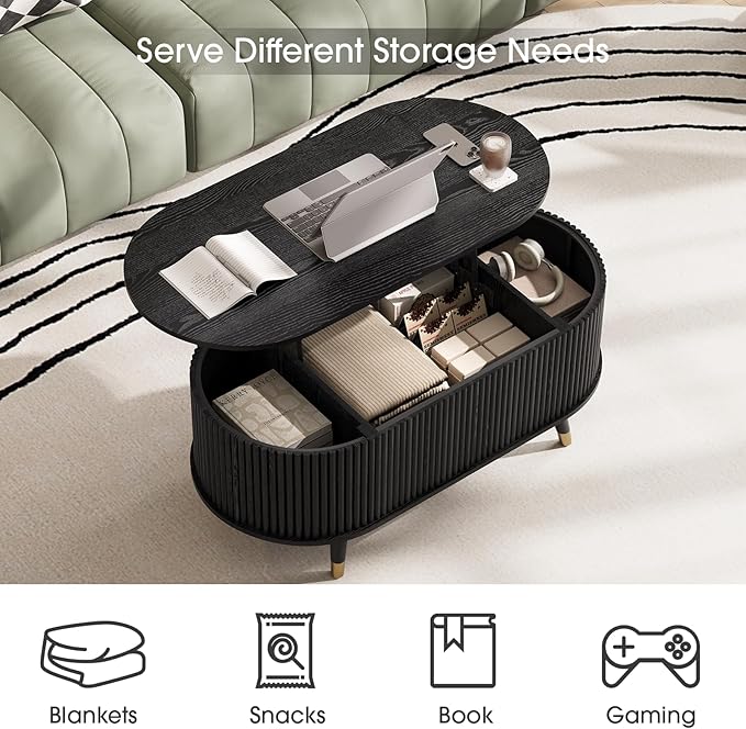 SULIVES Oval Coffee Table with Storage, Small Fluted Center Table