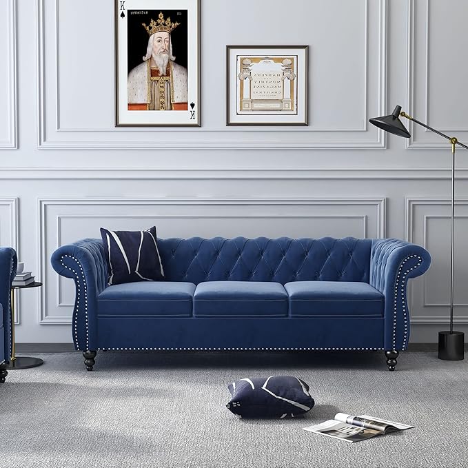 ORRD 3 Piece Living Room Set, Velvet Chesterfield Sofa Loveseat Couch Chair